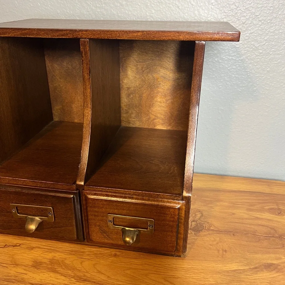 Vintage 2 Drawer Desktop Organizer w/ File Drawers Wooden Library Rustic 10.25